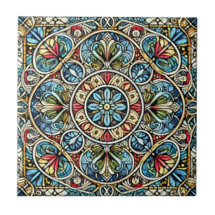 Intricate Stained Glass Mandala Ceramic Tile