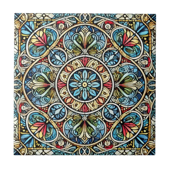 Intricate Stained Glass Mandala Ceramic Tile (Front)