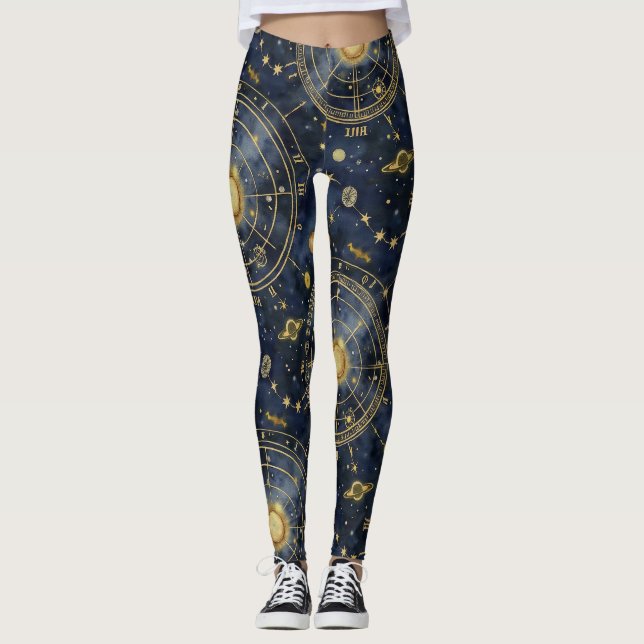 Intricate Star Celestial Maps Galaxy Leggings (Front)