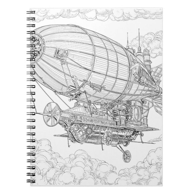 Intricate Steampunk Airship Line Art Notebook (Front)