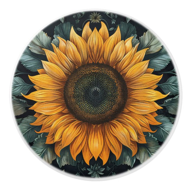 Intricate Sunflower Botanical Art Ceramic Knob (Front)