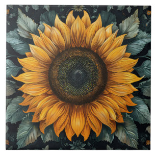 Intricate Sunflower Botanical Art Ceramic Tile