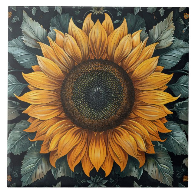 Intricate Sunflower Botanical Art Ceramic Tile (Front)