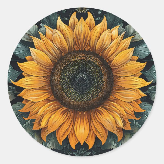 Intricate Sunflower Botanical Art Classic Round Sticker (Front)