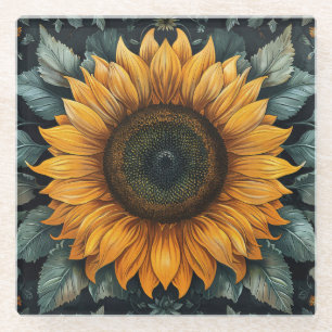 Intricate Sunflower Botanical Art Glass Coaster