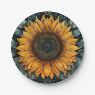 Intricate Sunflower Botanical Art Paper Plate
