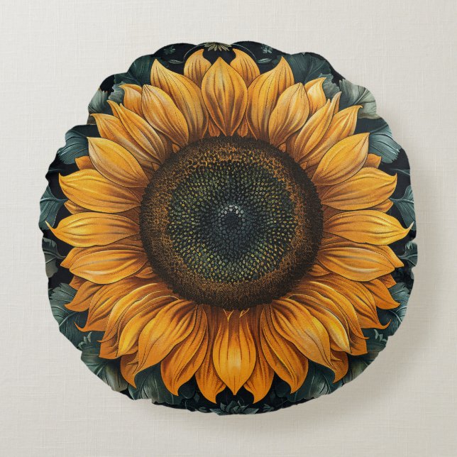 Intricate Sunflower Botanical Art Round Cushion (Front)