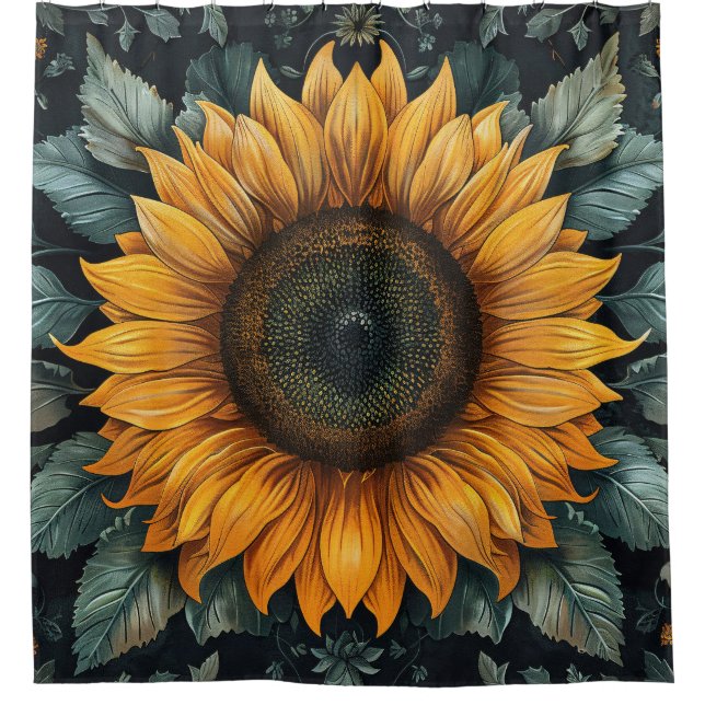 Intricate Sunflower Botanical Art Shower Curtain (Front)