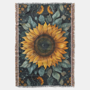 Intricate Sunflower Botanical Art Throw Blanket