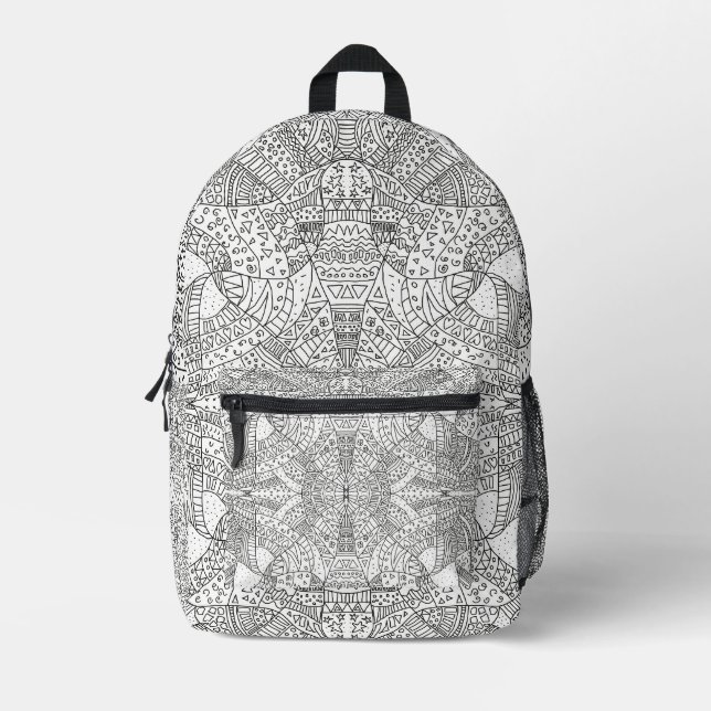 Intricate Symmetrical Doodle Mandala Black & White Printed Backpack (Front)