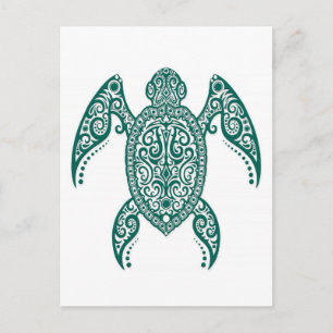 Intricate Teal Blue Sea Turtle on White Postcard