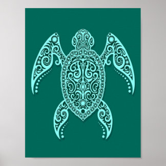 Intricate Teal Blue Sea Turtle Poster