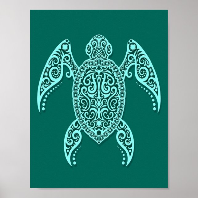 Intricate Teal Blue Sea Turtle Poster (Front)