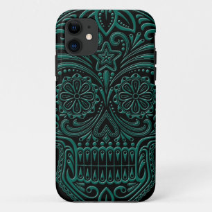 Intricate Teal Blue Sugar Skull on Black iPhone 11 Case