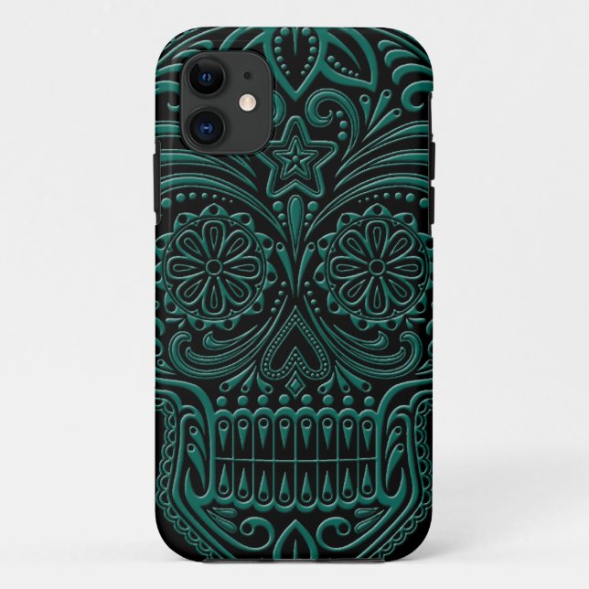 Intricate Teal Blue Sugar Skull on Black Case-Mate iPhone Case (Back)