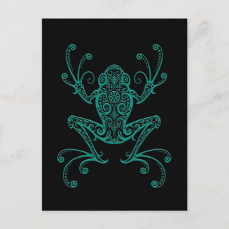 Intricate Teal Blue Tree Frog on Black Postcard