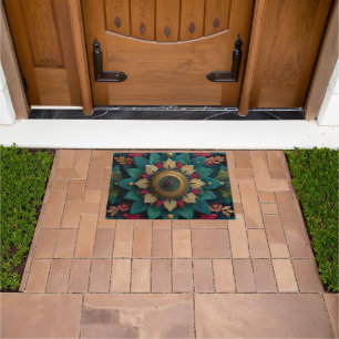 Intricate Textured Floral Mandala in Teal and Gold Doormat