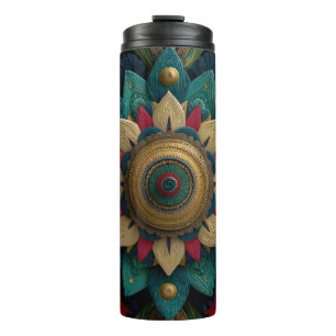 Intricate Textured Floral Mandala in Teal and Gold Thermal Tumbler