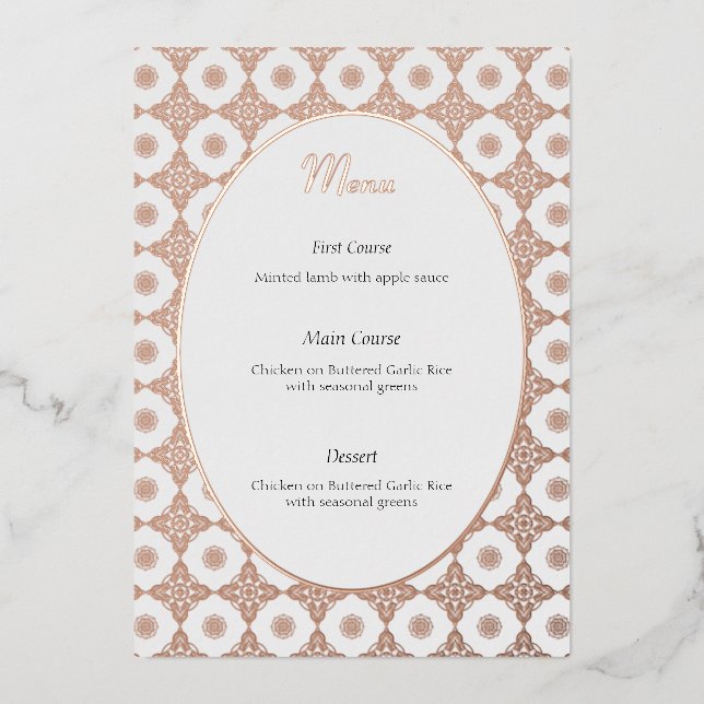 Intricate wedding menu in Rose Gold (Front)
