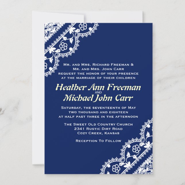 Intricate White Lace on Deep, Royal Blue Invitation (Front)