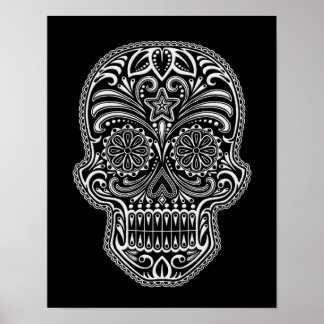 Intricate White Sugar Skull on Black Poster