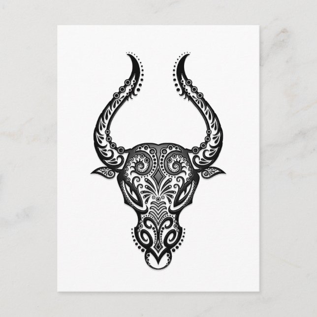 Intricate White Taurus Zodiac on Black Postcard (Front)