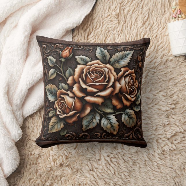 Intricate Wood Carving of Elegant Roses Cushion (Blanket)