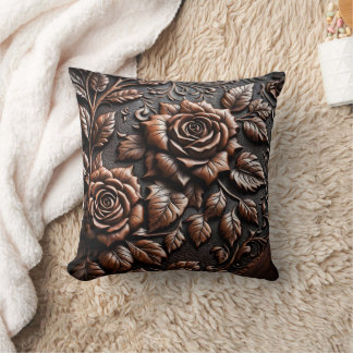 Intricate Wood Carving of Roses on Brown Panel Cushion