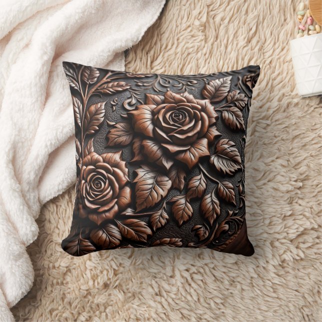 Intricate Wood Carving of Roses on Brown Panel Cushion (Blanket)