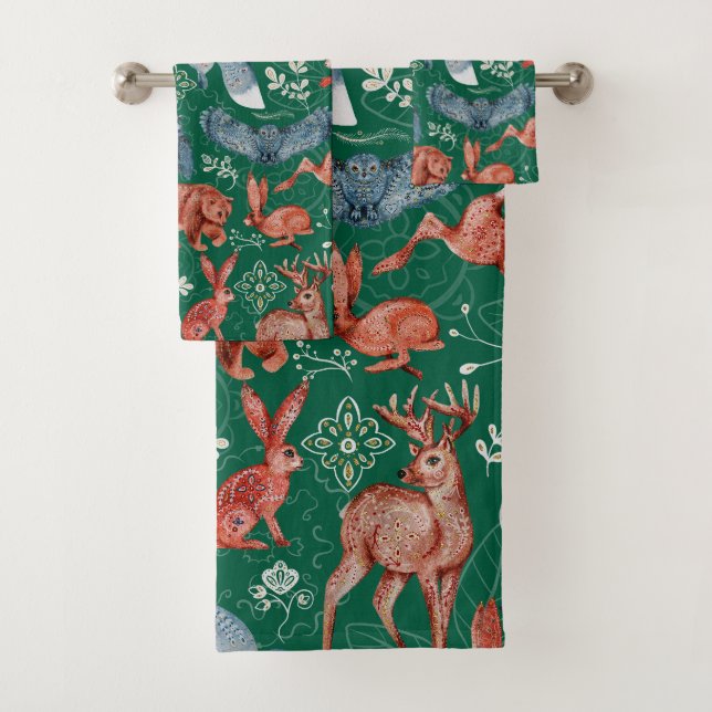  Intricate woodland animals pattern Bath Towel Set (Insitu)