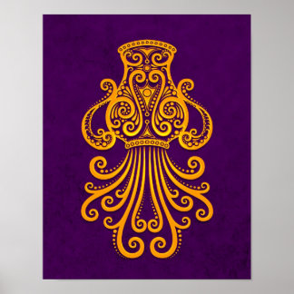 Intricate Yellow Aquarius Zodiac on Purple Poster