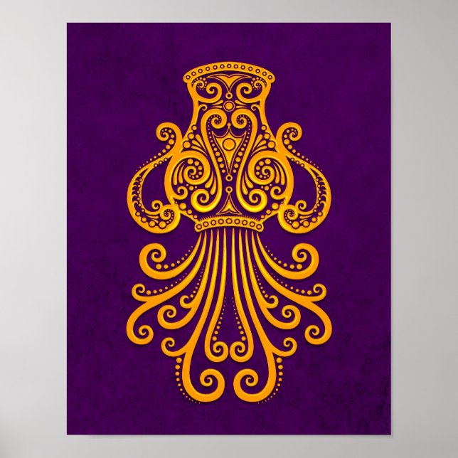 Intricate Yellow Aquarius Zodiac on Purple Poster (Front)
