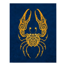 Intricate Yellow Cancer Zodiac on Blue