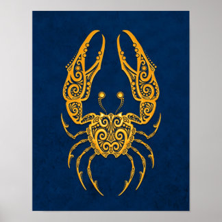 Intricate Yellow Cancer Zodiac on Blue Poster
