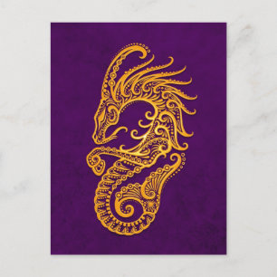 Intricate Yellow Capricorn Zodiac on Purple Postcard