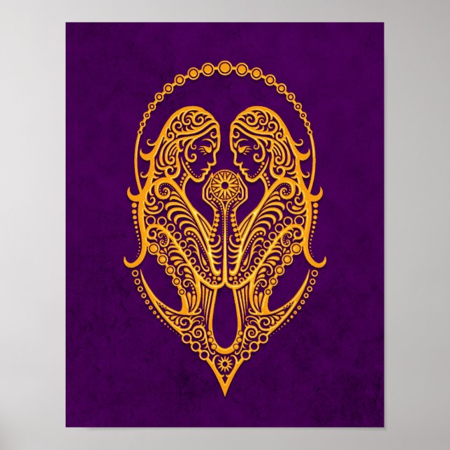 Intricate Yellow Gemini Zodiac on Purple Poster (Front)