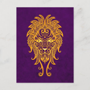 Intricate Yellow Leo Zodiac on Purple Postcard
