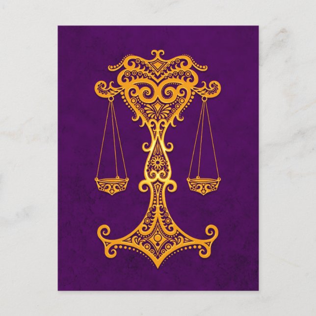 Intricate Yellow Libra Zodiac on Purple Postcard (Front)