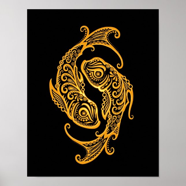 Intricate Yellow Pisces Zodiac on Black Poster (Front)