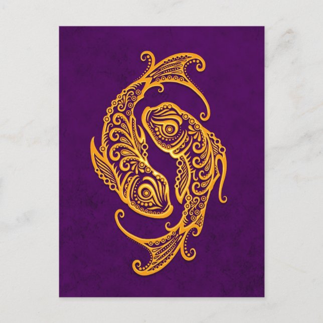 Intricate Yellow Pisces Zodiac on Purple Postcard (Front)