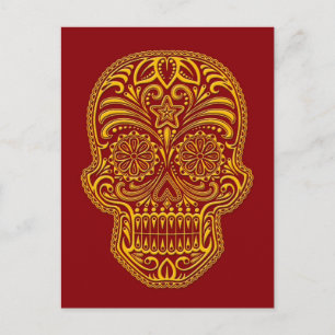 Intricate Yellow Sugar Skull on Red Postcard