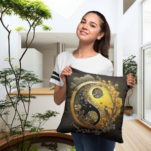 Intricate Yellow Taijitu Yin and Yang Contemporary Cushion