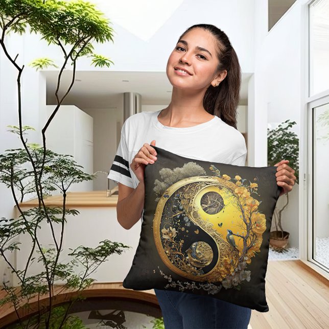 Intricate Yellow Taijitu Yin and Yang Contemporary Cushion (Creator Uploaded)