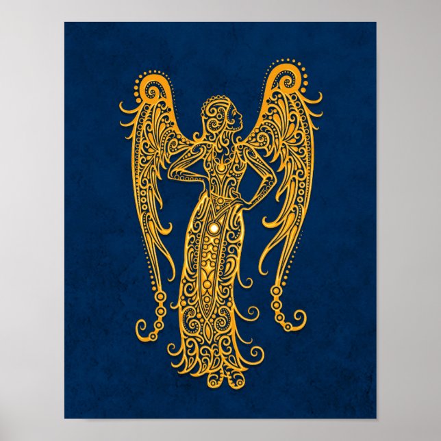 Intricate Yellow Virgo Zodiac on Blue Poster (Front)