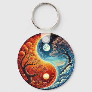 Intricate Yin-Yang Symbol Showcasing Fire, Water Key Ring