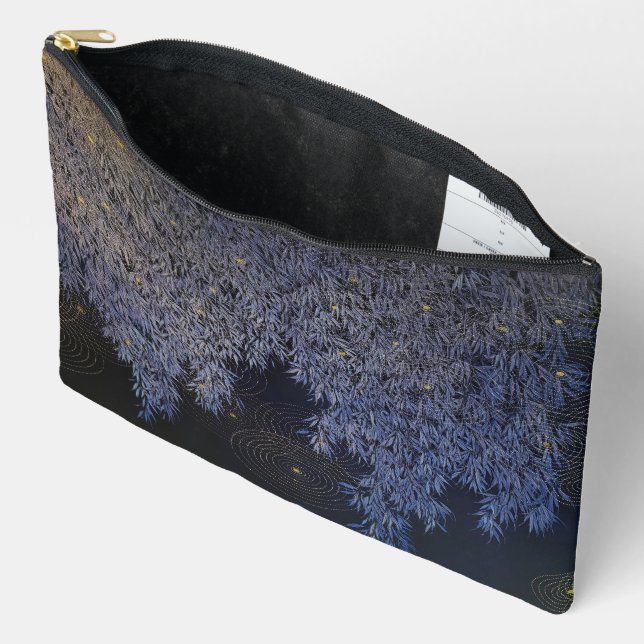 Intricately Patterned Ripples Blue Hue Leafs Accessory Pouch (Open)