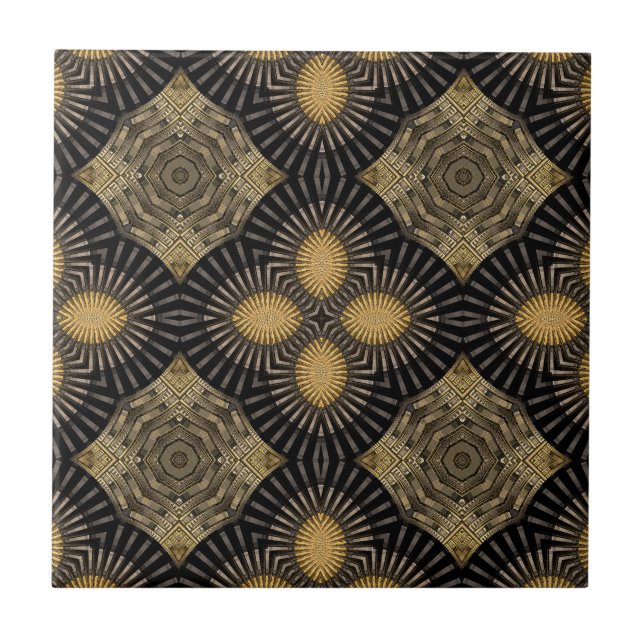 Intrication Gold and Black Geometric Pattern Ceramic Tile (Front)