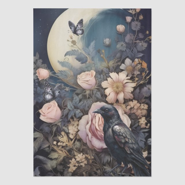 Intriguing Fantasy Gothic Raven & Florals Tissue Paper (Front)