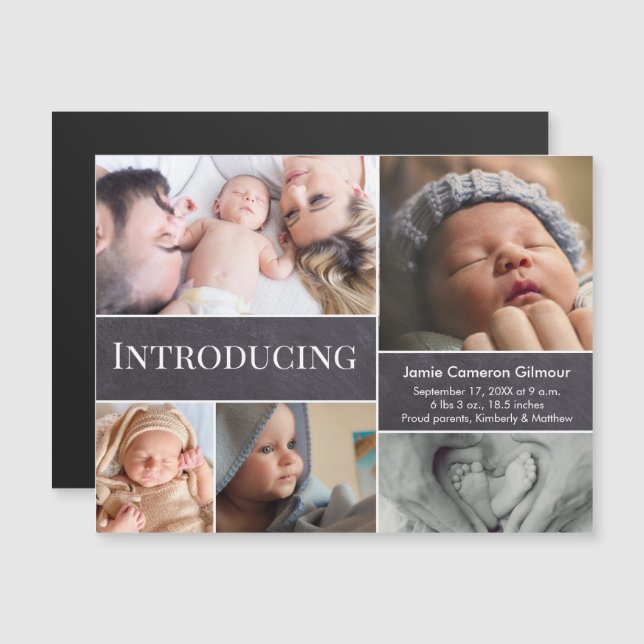 Introducing baby Modern Photo collage Chalkboard Magnetic Invitation (Front/Back)