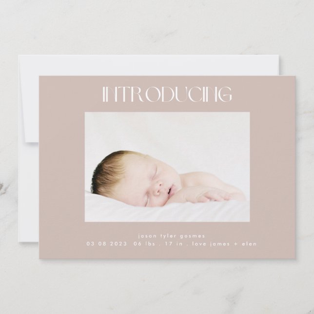 introducing beige simple minimal two photo baby announcement (Front)